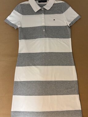 Tommy Hilfiger White and Gray Striped Polo Mini Dress Classic prep style